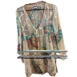Surface Babydoll Sheer Blouse Kaftan/Beach Cover Up Butterfly Scroll Design Sz L